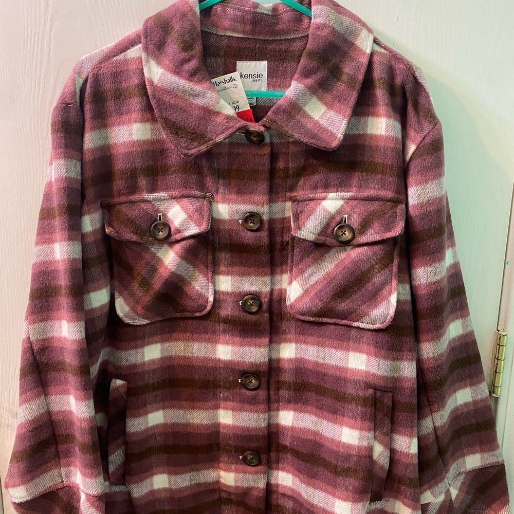 Kensie Pink and White Plaid Button Up Jacket NWT